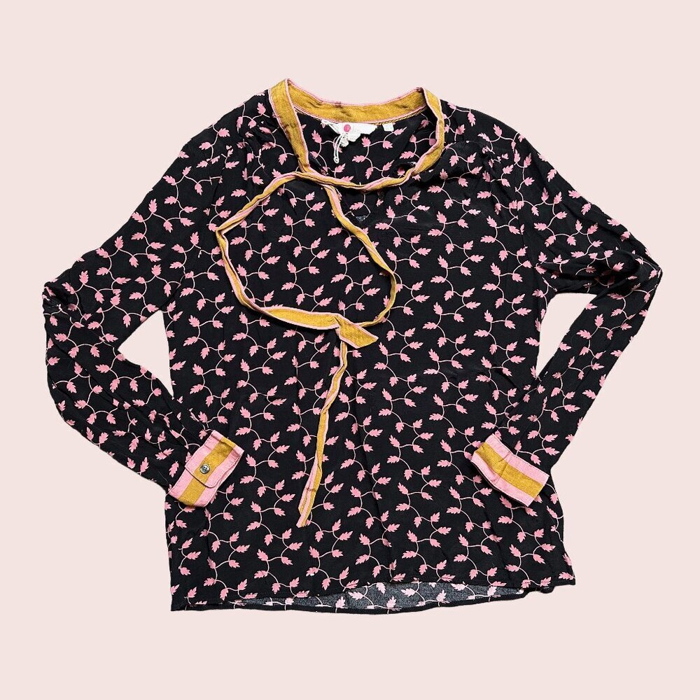 Boden Anthropologie Leaf Print Neck Bow Blouse Top Women's Size 8